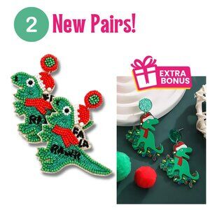 Dinosaur FA-LA-RAWR Seed Beaded Christmas Holiday Earrings